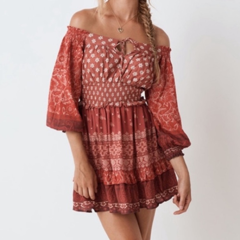 Off the the shoulder red floral dress